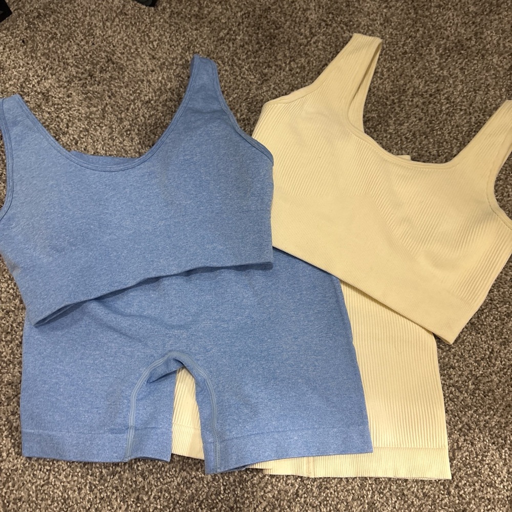 Seamless Ribbed Tank & Bike Short Set - Blue and Cream bundle workout sets